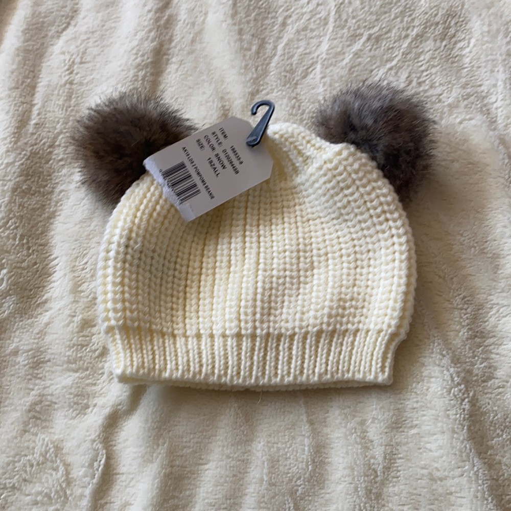 Winter hat with pom poms tan for baby 2-4 year old